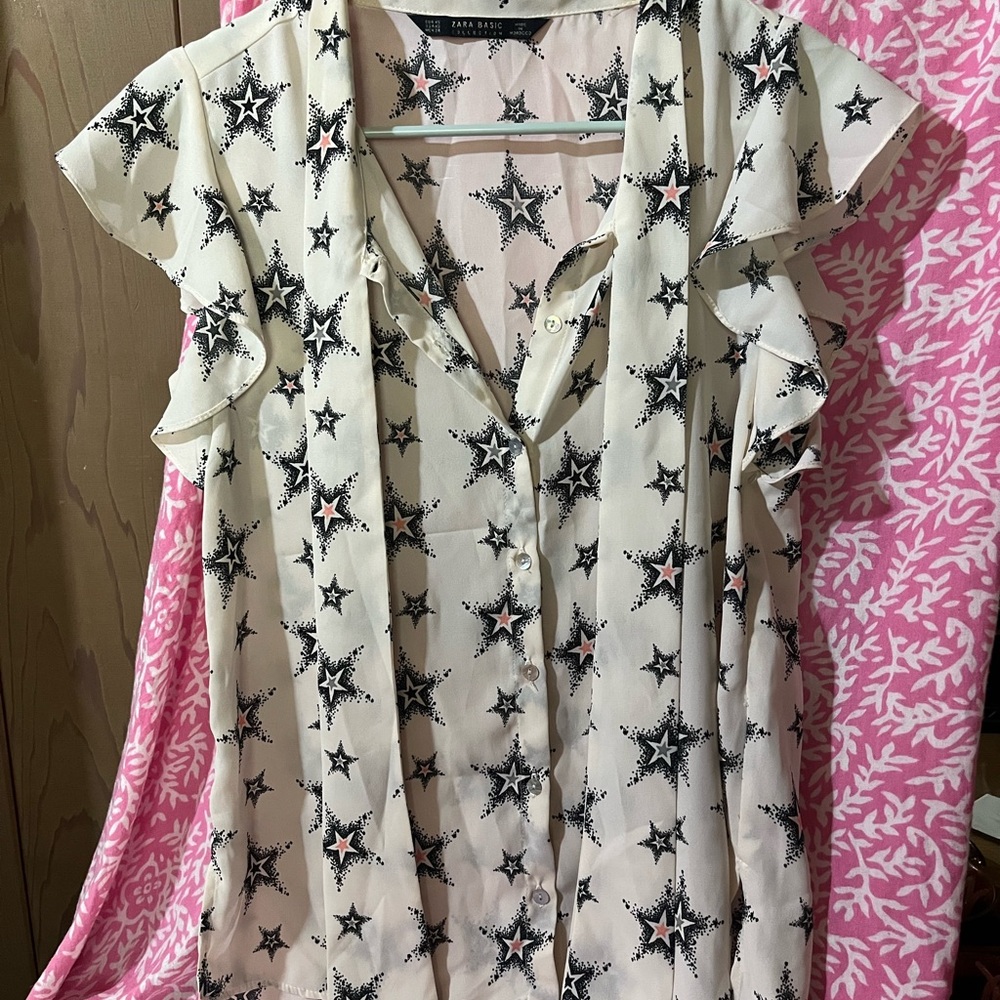 Zara Basic Star Print Ruffle Sleeve Blouse
